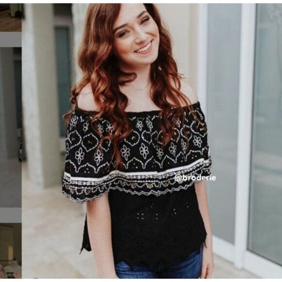 Anthropologie Tops - NWT Hemant and Nandita Mavra Off Shoulder Blouse Black White Sequin Embroidery M